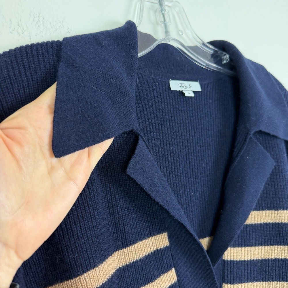 Rails Harris Wool Cashmere Polo Sweater in Camel Navy Stripe Size L - Picture 7 of 15